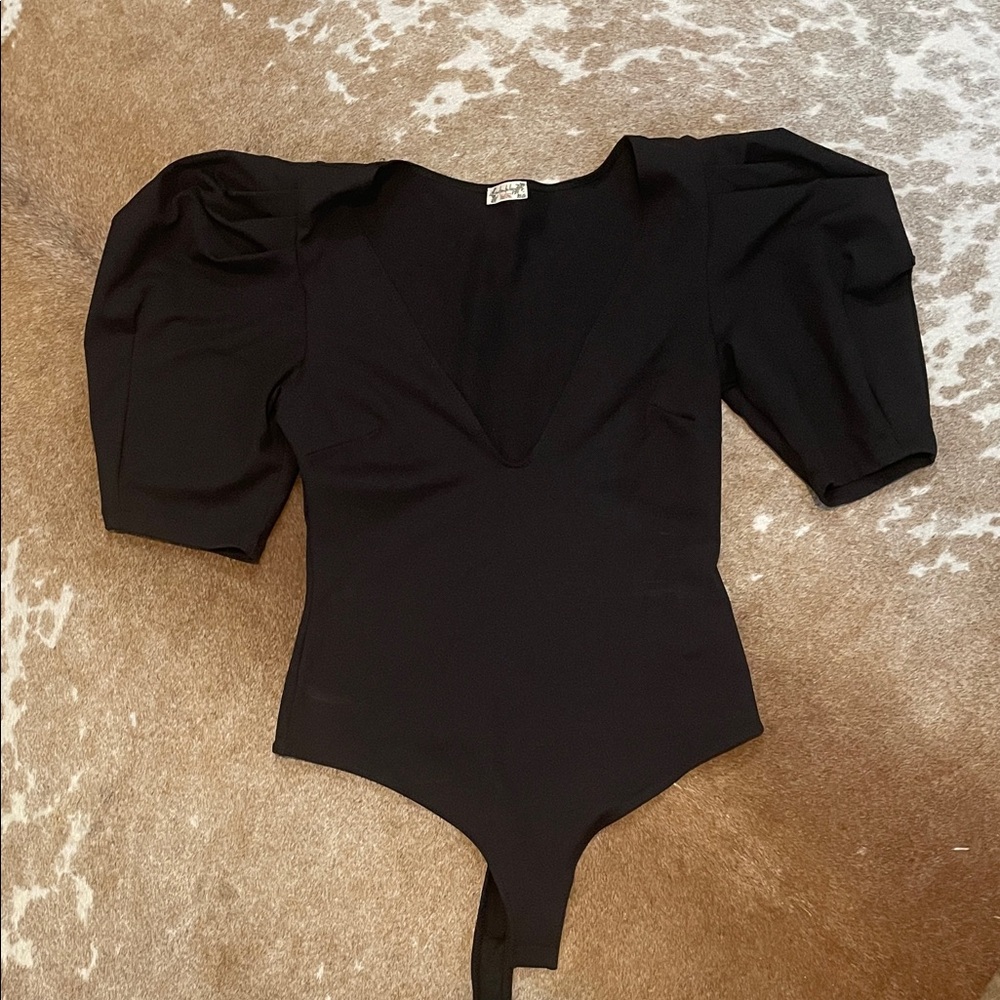 Free People Black Puff Sleeve Bodysuit
